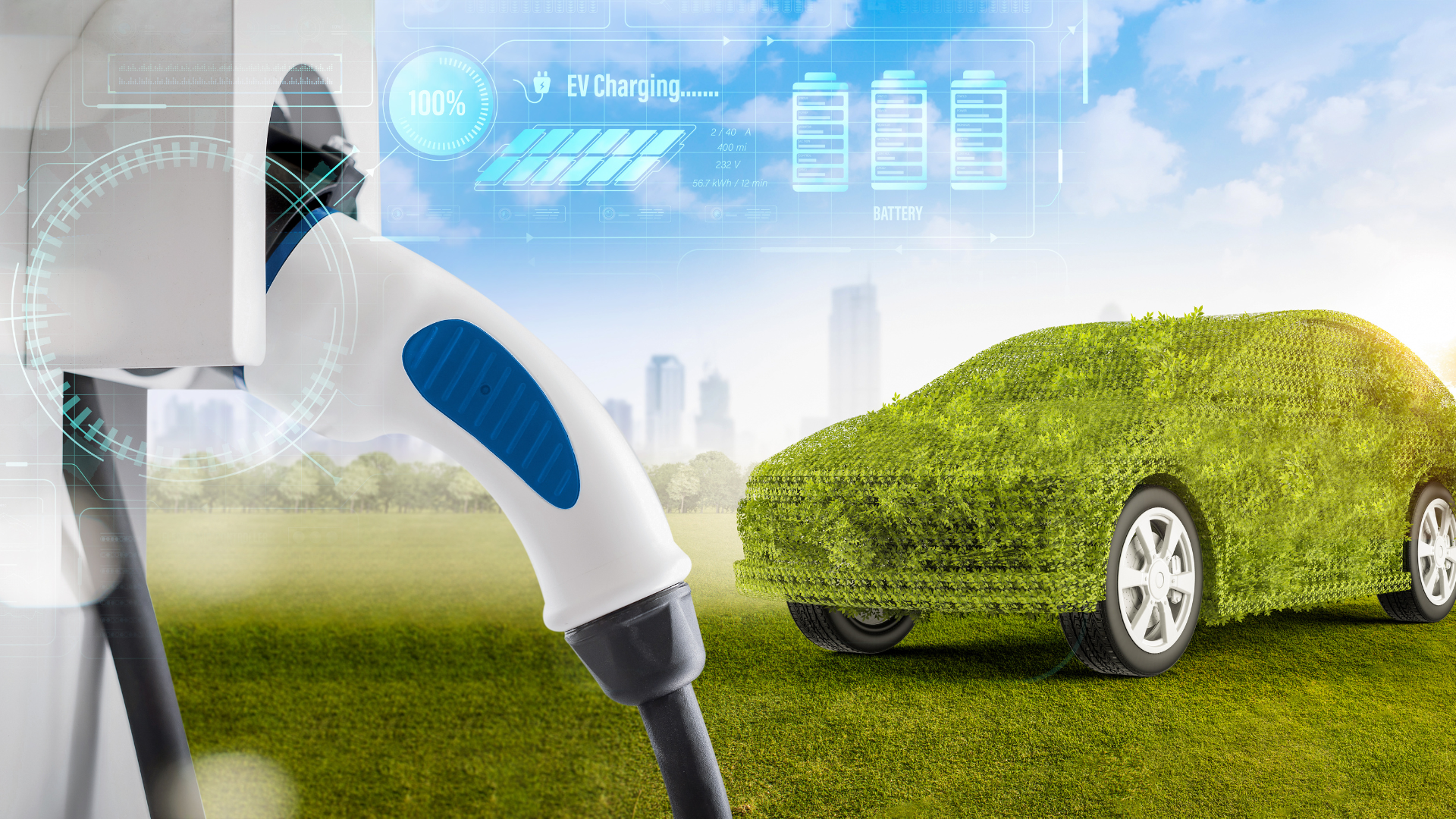 Home EV charger with an electric vehicle in the background, highlighting sustainability and clean energy use.