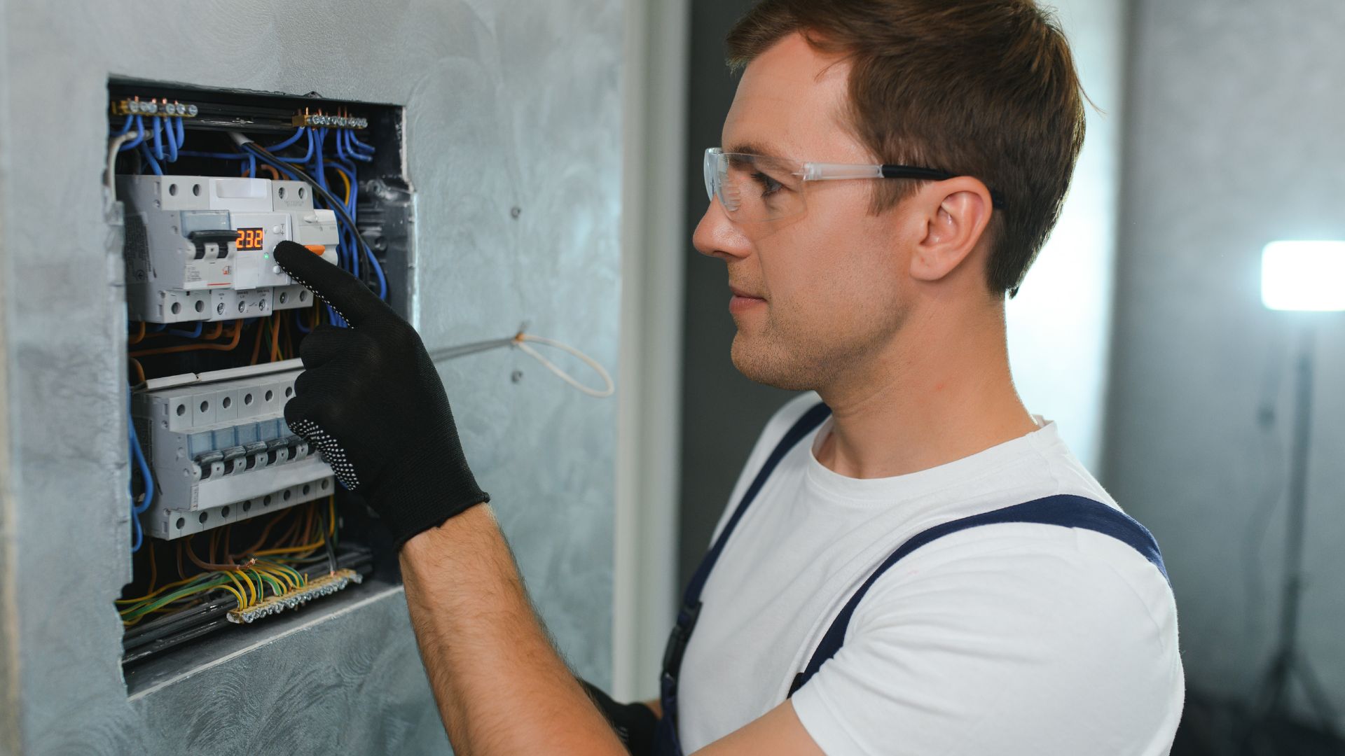 Technician repairing an electrical meter outside a residential home