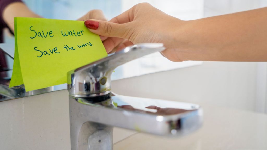 An image illustrating water conservation and sustainable living, featuring a dripping faucet